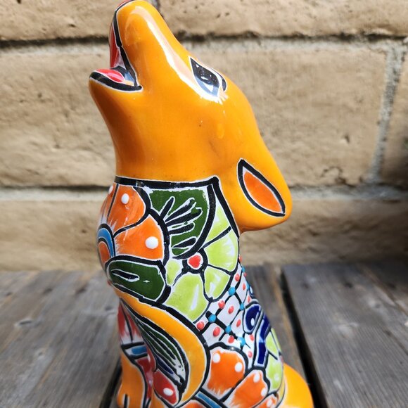 9" H, Apricot Wolf Fox Dog Talavera Pottery Ceramic Statue Statue Home Decor - Picture 3 of 4